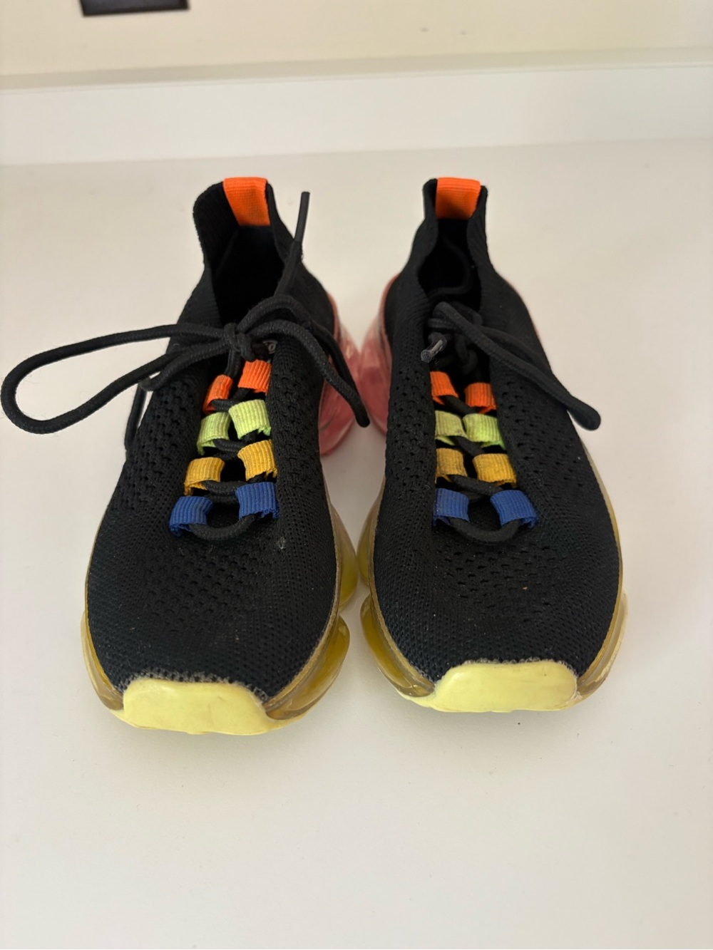 Link Kids Black Knit Sneakers with Yellow Toe and Rainbow Accents